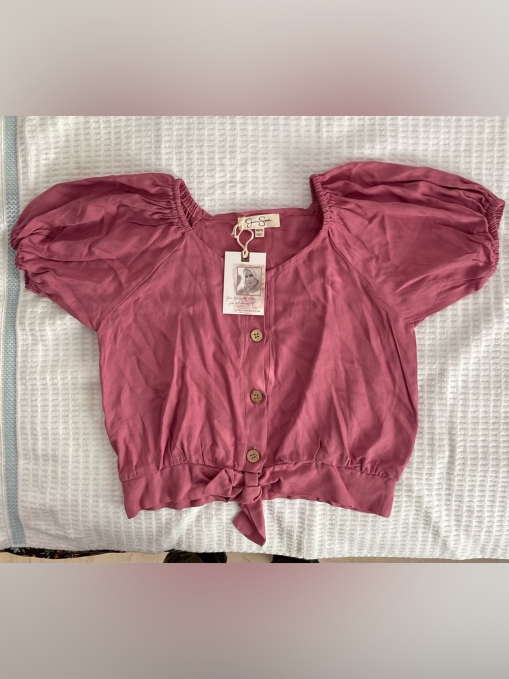 Jessica Simpson Rose Pink Button-Front Tie Hem Crop Top